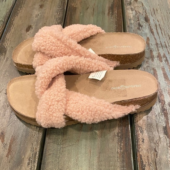 Treasure & Bond Teddy Blush Cork Faux Shearling Fleece Sandals Slides Slippers 7 - Picture 1 of 8